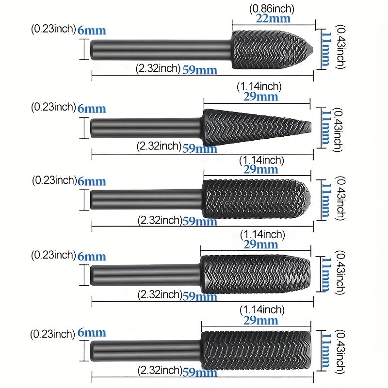 5pcs 6mm Rotary File Steel File, Carpentry DIY Soft Metal Trimming Set, Metal Grinding Repair Tool