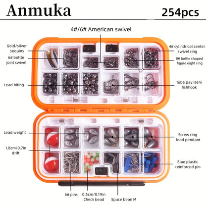 ANMUKA 255pcs Fishing Tackle Kit with Waterproof Storage Box - Includes Hooks, Lure Pliers, Lead Sinkers, Floats & More - Perfect Gift for Anglers, Transfer Ring, Various Lure Tools