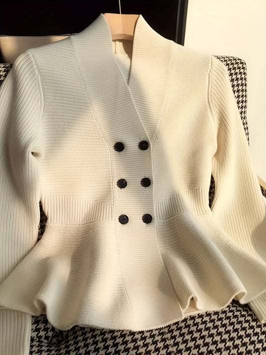 Visually V-Neck Cardigan - Solid Color, Thick Knit, Loose Fit, Warm, Viscose and Polyester Blend, Perfect for Fall/Winter