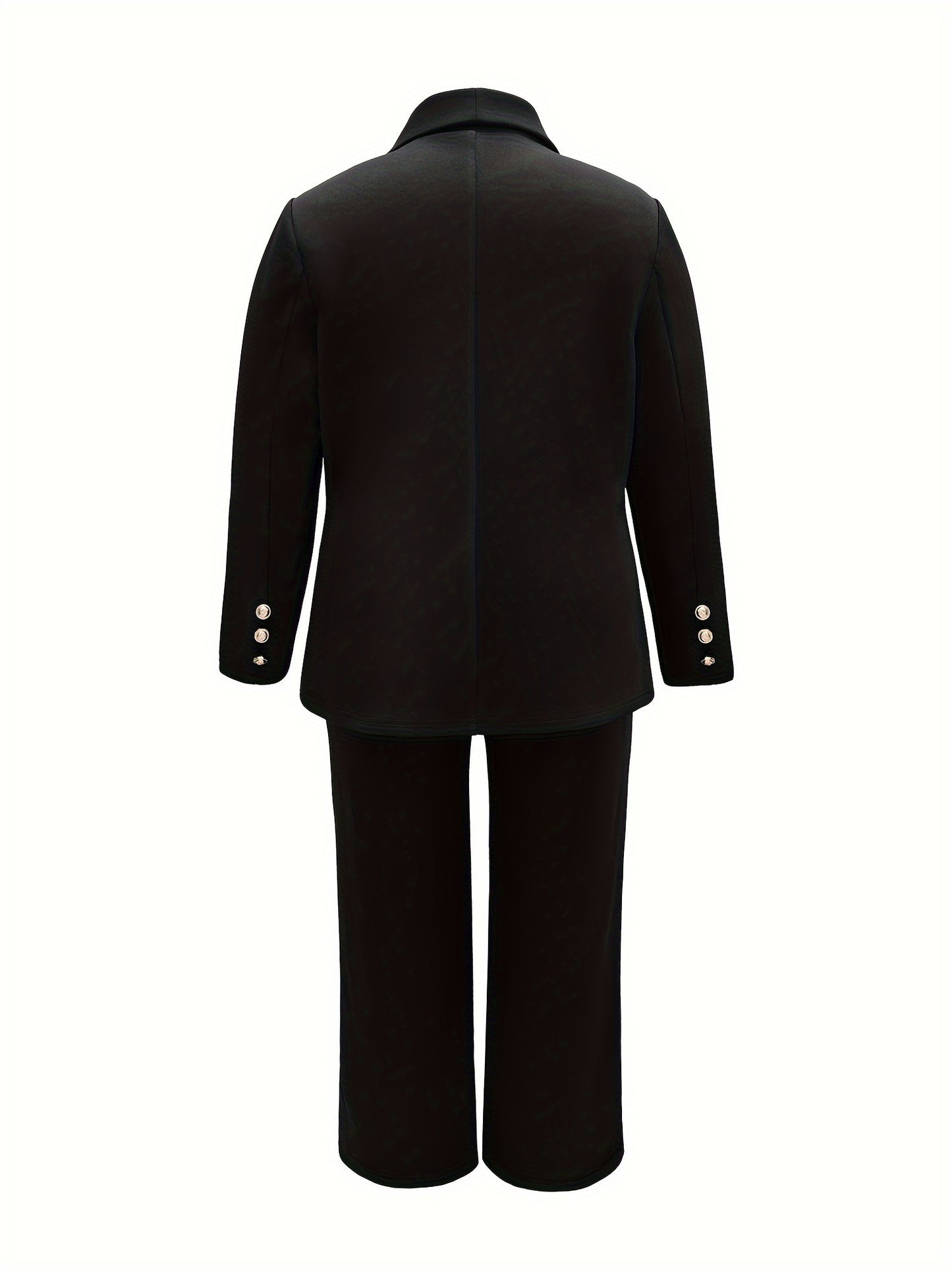 Plus Size Elegant Solid Suit Set, Double-breasted Long Sleeve Blazer & Straight Leg Pants Outfits, Women's Plus Size Clothing