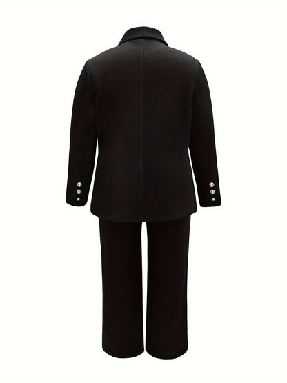 Plus Size Elegant Solid Suit Set, Double-breasted Long Sleeve Blazer & Straight Leg Pants Outfits, Women's Plus Size Clothing