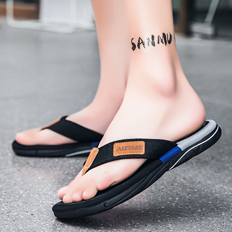 Men's Summer Flip-Flops - Non-Slip, Odor-Resistant Beach Sandals with Arch Support, Green & Yellow Striped Design, Comfortable EVA Upper & Rubber Sole for Everyday and Casual Wear, Leisure Comfort | Casual Style | Durable San