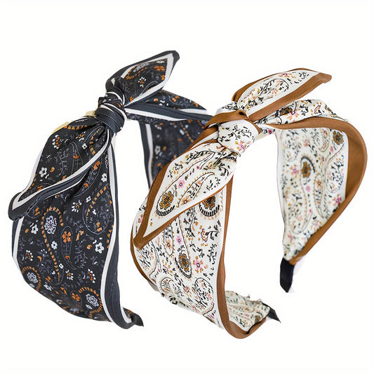 2pcs Elegant & Boho Chic Knotted Headbands for Women - Floral & Paisley Designs with Rabbit Ear Accents, Comfortable Fabric Hair Accessories for Casual Attire