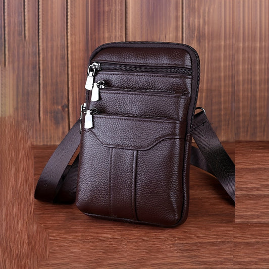Men's Genuine Leather Crossbody Phone Holster - Brown Waist Pack with Multiple Zipped Pockets, Adjustable Strap & Headphone Hole for Casual Outings