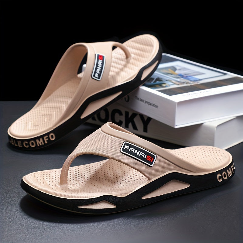 Men's Stylish Flip-Flops - Comfortable PVC Material, Non-Slip Sole, Arch Support Strap, Perfect for Beach & Casual Wear (Black/White/Beige), Beach Accessories