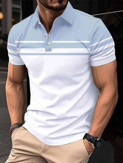 Men's Stripes Color Blocking Print Summer Short Sleeve Lapel T-shirt, Casual Comfy Sports Top As Gift
