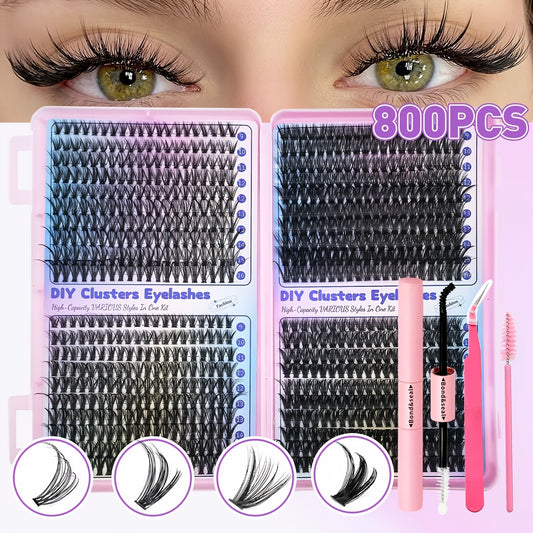 200/800pcs DIY Eyelash Extension Kit Individual Lashes Cluster, 9-16mm Mix 30D 40D 50D 60D with Lash Bond and Tweezers for Beginners, Exquisite gift set Beautiful gift, New Year gift
