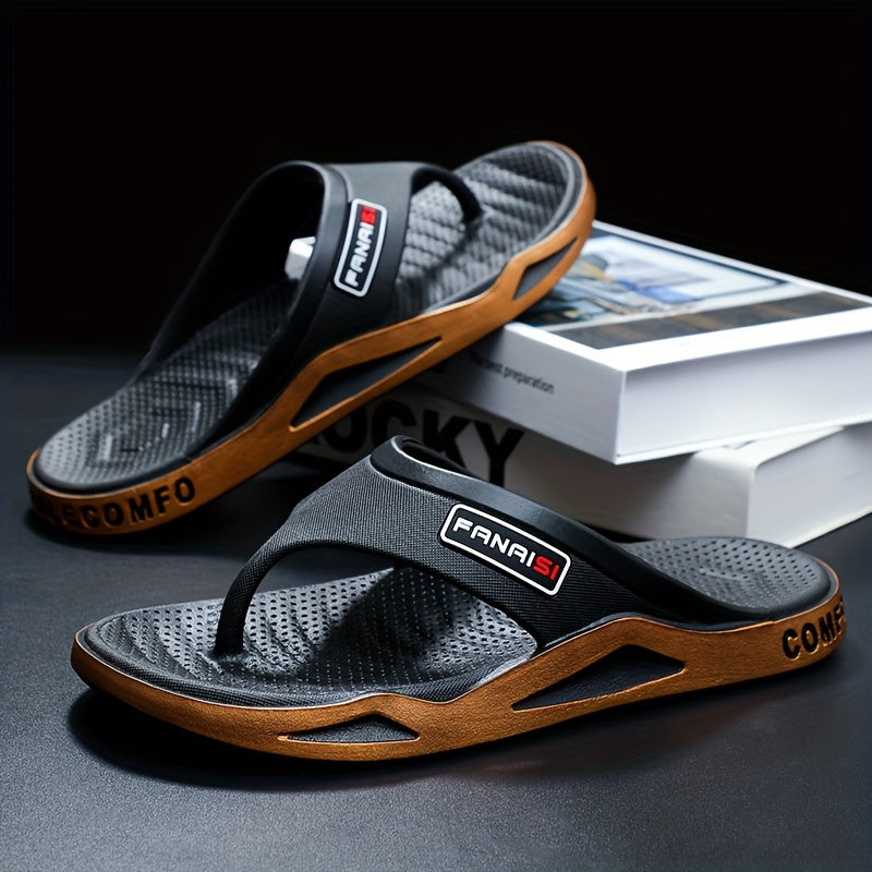 Men's Stylish Flip-Flops - Comfortable PVC Material, Non-Slip Sole, Arch Support Strap, Perfect for Beach & Casual Wear (Black/White/Beige), Beach Accessories