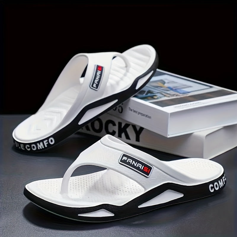Men's Stylish Flip-Flops - Comfortable PVC Material, Non-Slip Sole, Arch Support Strap, Perfect for Beach & Casual Wear (Black/White/Beige), Beach Accessories