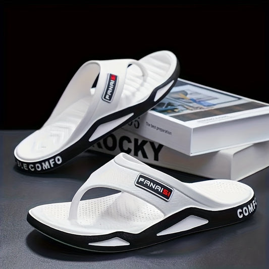 Men's Stylish Flip-Flops - Comfortable PVC Material, Non-Slip Sole, Arch Support Strap, Perfect for Beach & Casual Wear (Black/White/Beige), Beach Accessories