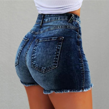 [Summer Wardrobe] Women's High-Waist Black Denim Shorts with Fringe Detail - Stylish Slimming Summer Essential, Look, Raw Hem, Casual Hot Pants for Spring/Summer
