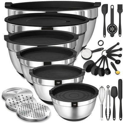 Mixing Bowls with Airtight Lids, 26pcs Stainless Steel Bowls Set 6 bowls & Lids + 20 kitchen tools, 3 Grater Attachments & Black Non-Slip Bottoms Size 7, 4, 2.5, 2.0, 1.5, 1QT, Great for Mixing & Serving