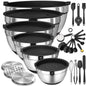 Mixing Bowls with Airtight Lids, 26pcs Stainless Steel Bowls Set 6 bowls & Lids + 20 kitchen tools, 3 Grater Attachments & Black Non-Slip Bottoms Size 7, 4, 2.5, 2.0, 1.5, 1QT, Great for Mixing & Serving