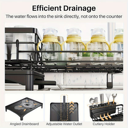 Expandable 2-in-1 Dish Drying Rack - Space-Saving, Rust-Resistant Metal Dish Drainer With Pan Slots, Utensil Holder, And Drainboard For Kitchen Counter And Sink Organization