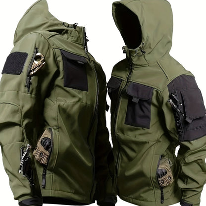 Men's Outdoor Zip Up Softshell Jacket With Pockets, Waterproof, Scratch Resistant And Warm Hooded Jacket For Outdoors