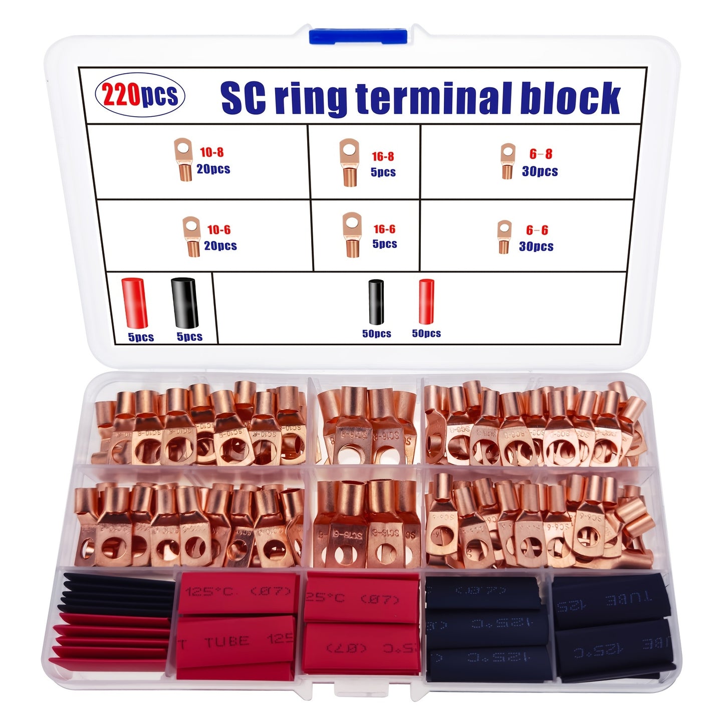 220pcs Ring Terminal Assortment Tool Kit, With 3:1 Heat Shrink Tubing, Battery Cable End/ Terminal Connector, For Vehicle, Marine, Power Distribution Cabinet, Household Appliances