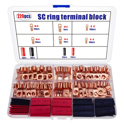 220pcs Ring Terminal Assortment Tool Kit, With 3:1 Heat Shrink Tubing, Battery Cable End/ Terminal Connector, For Vehicle, Marine, Power Distribution Cabinet, Household Appliances