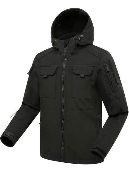 Men's Outdoor Zip Up Softshell Jacket With Pockets, Waterproof, Scratch Resistant And Warm Hooded Jacket For Outdoors