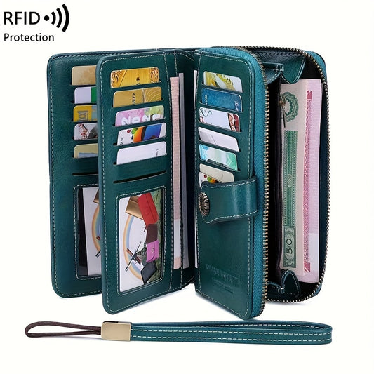 1 Pc Retro Large Capacity RFID Blocking PU Leather Solid Color Womens Purse - Multi-Functional Zipper Wallet with Wrist Strap, Passport, Ticket, Credit Card Holder and Phone Compartment - Stain Resistant, Fashionable, and Eas