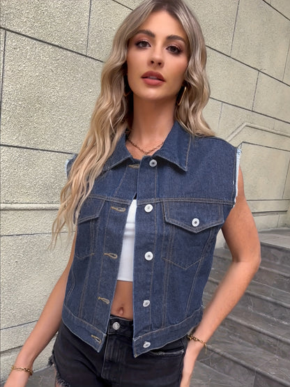 Blue Sleeveless Versatile Denim Jackets, Single-Breasted Button Flap Pockets Lapel Denim Vest, Women's Denim Clothing
