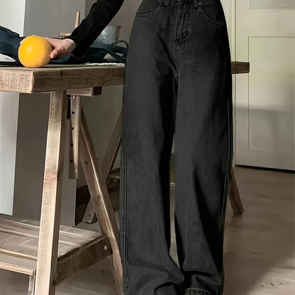 Retro Style Distressed Washed Plain Loose Fit Wide Leg Washed Blue Casual Style Zipper Button Closure Denim Pants, Women's Denim Jeans & Clothing