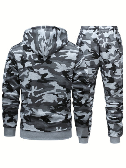 Men'S Camo Hooded Sweatshirt and Pants Set, Casual Outdoor Polyester 100% Full Body Suit, Long Sleeve Pullovers with Drawstring, Regular Fit, 3D Printing, Knit Fabric, Slight Stretch, for Hiking, Camping, Hunting, Running, Tr