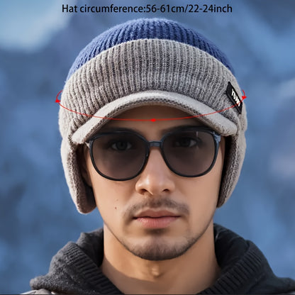 1pc YUAN Brand Men'S Winter Earflap Beanie Hat - 100% Acrylic Knit Warm Cycling Cap with Slight Stretch, Street Style Outdoor Riding Colorblock Hat