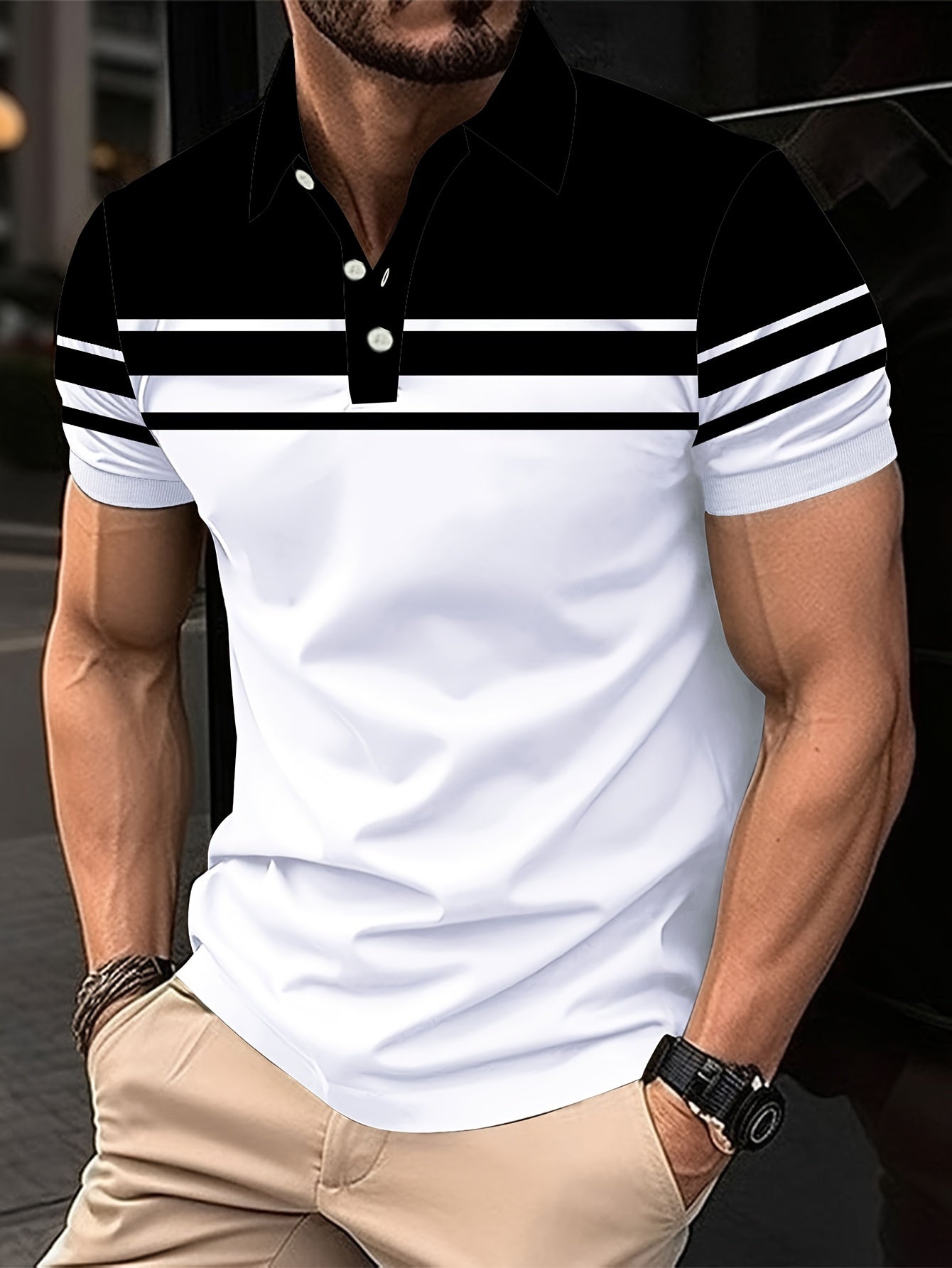 Men's Stripes Color Blocking Print Summer Short Sleeve Lapel T-shirt, Casual Comfy Sports Top As Gift