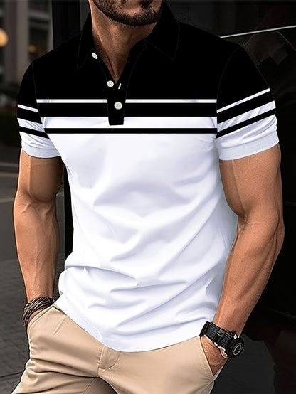 Men's Stripes Color Blocking Print Summer Short Sleeve Lapel T-shirt, Casual Comfy Sports Top As Gift