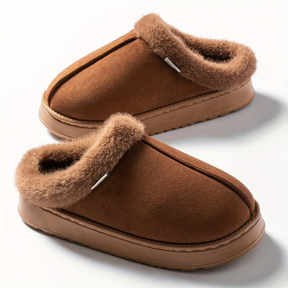 Cozy Plush Winter Slippers - Elegant Black with Cream Fur Trim, Thick Cushioned EVA Sole, Non-Slip, Hand Washable Indoor Shoes, Indoor Slippers