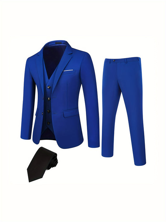 TweedLad 3Pcs Men's Solid Color Suit Set, Slim Fit Business Style 2-Button Lapel Blazer With Decorative Handkerchief Pocket And Suit Trousers, Formal Dress