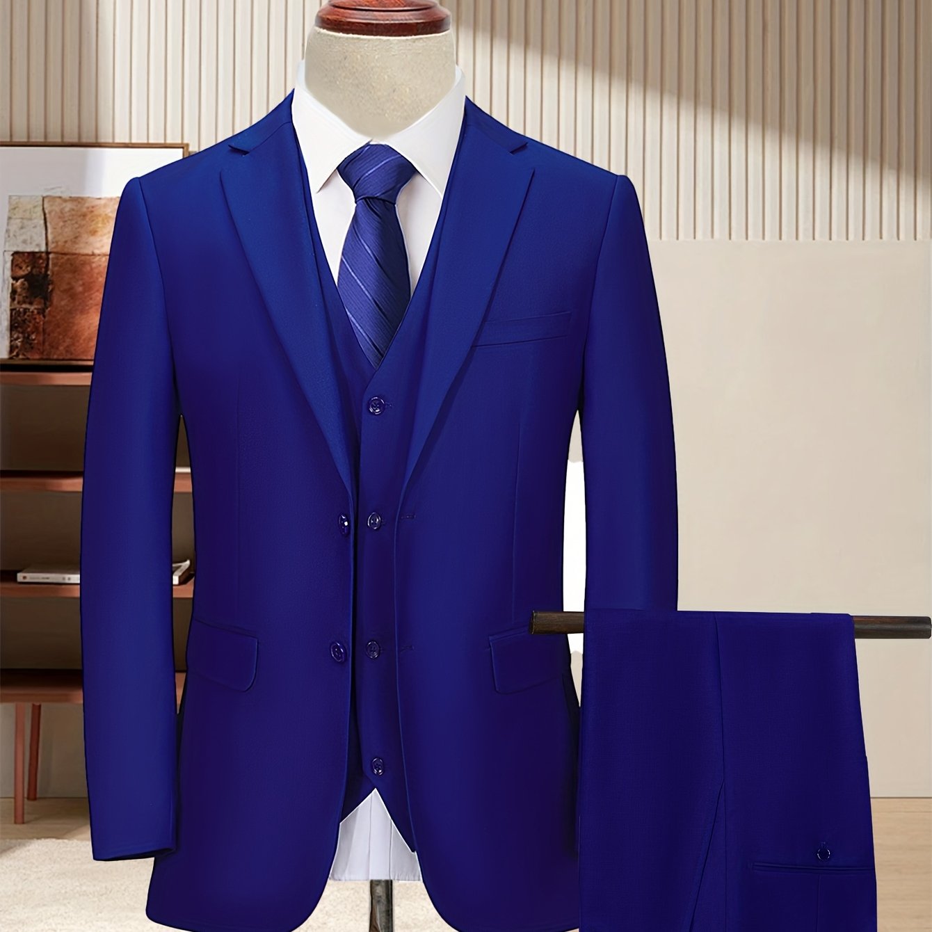 Men'S 3pcs Business Style Suit, Two Button Lapel Jacket Vest Trouser Set Solid Color Wedding Business Tuxedo Suit