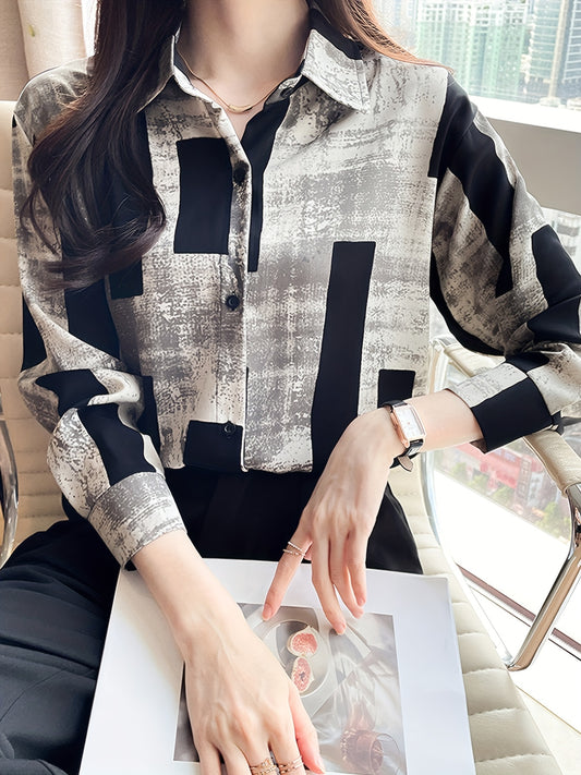 Chic Floral Print Long Sleeve Shirt for Women - Casual Collared Top with Button Detail, Machine Washable - Perfect for Spring & Fall, Loose Slimming, Square Print