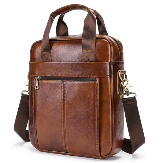 Men's Genuine Leather Messenger Bag - Adjustable Crossbody & Shoulder Handbag for Travel, Work, and Business - Brown, Large Capacity with Multiple Compartments, Durable Cowhide Leather, Smooth Zippers, Detachable Strap, Carry