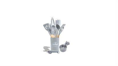 Kitchen Utensils Set- 46 pcs Cooking Utensils with Tongs, Spoon, Meat Chopper, Spatula & Opener Made of Heat-Resistant Food Grade Silicone and Wooden Handles Kitchen Gadgets Tools Set for Nonstick Cookware, With hooks