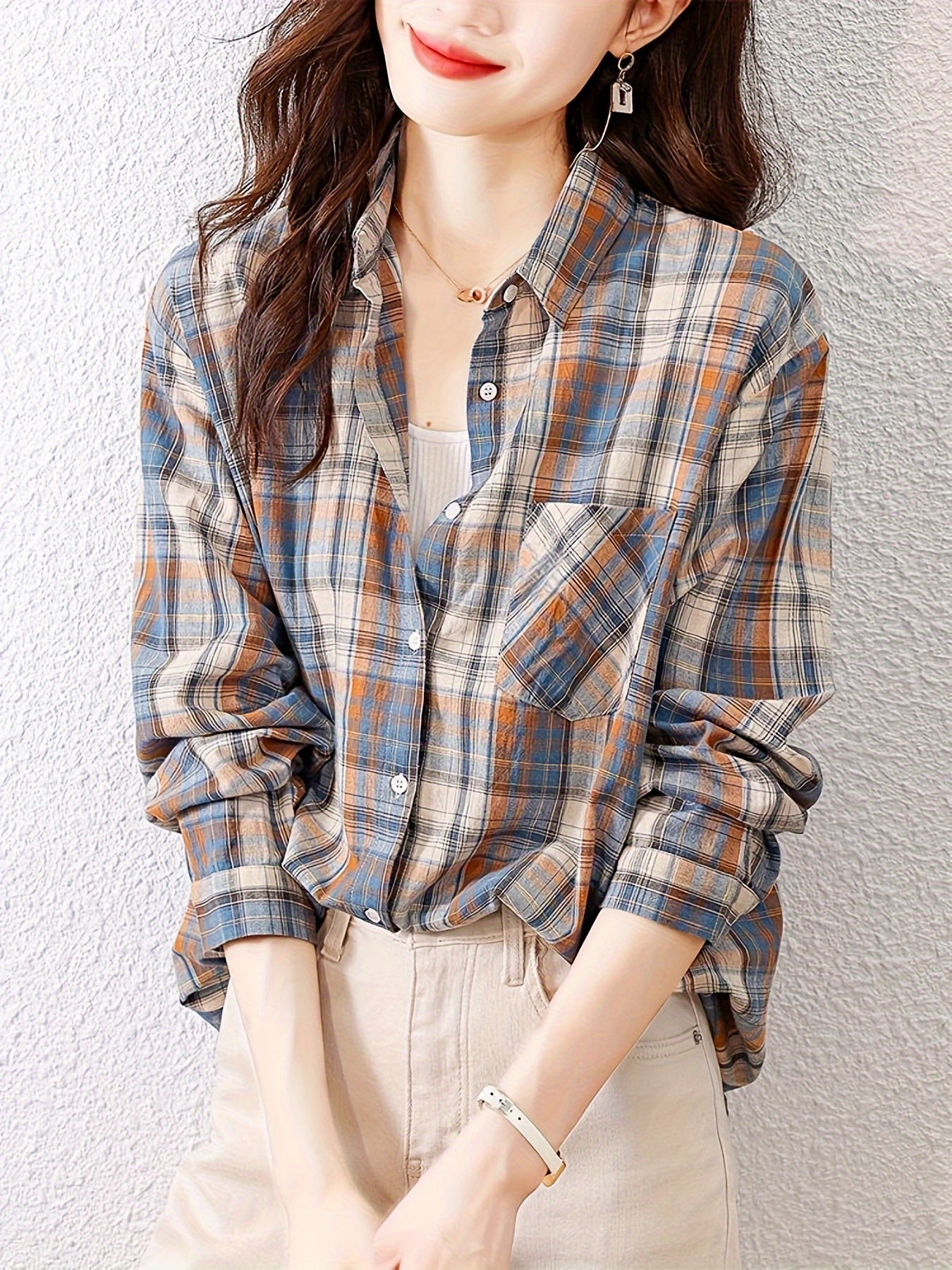 Plaid Pattern Button Front Shirt, Elegant Long Sleeve Lapel Collar Shirt, Women's Clothing