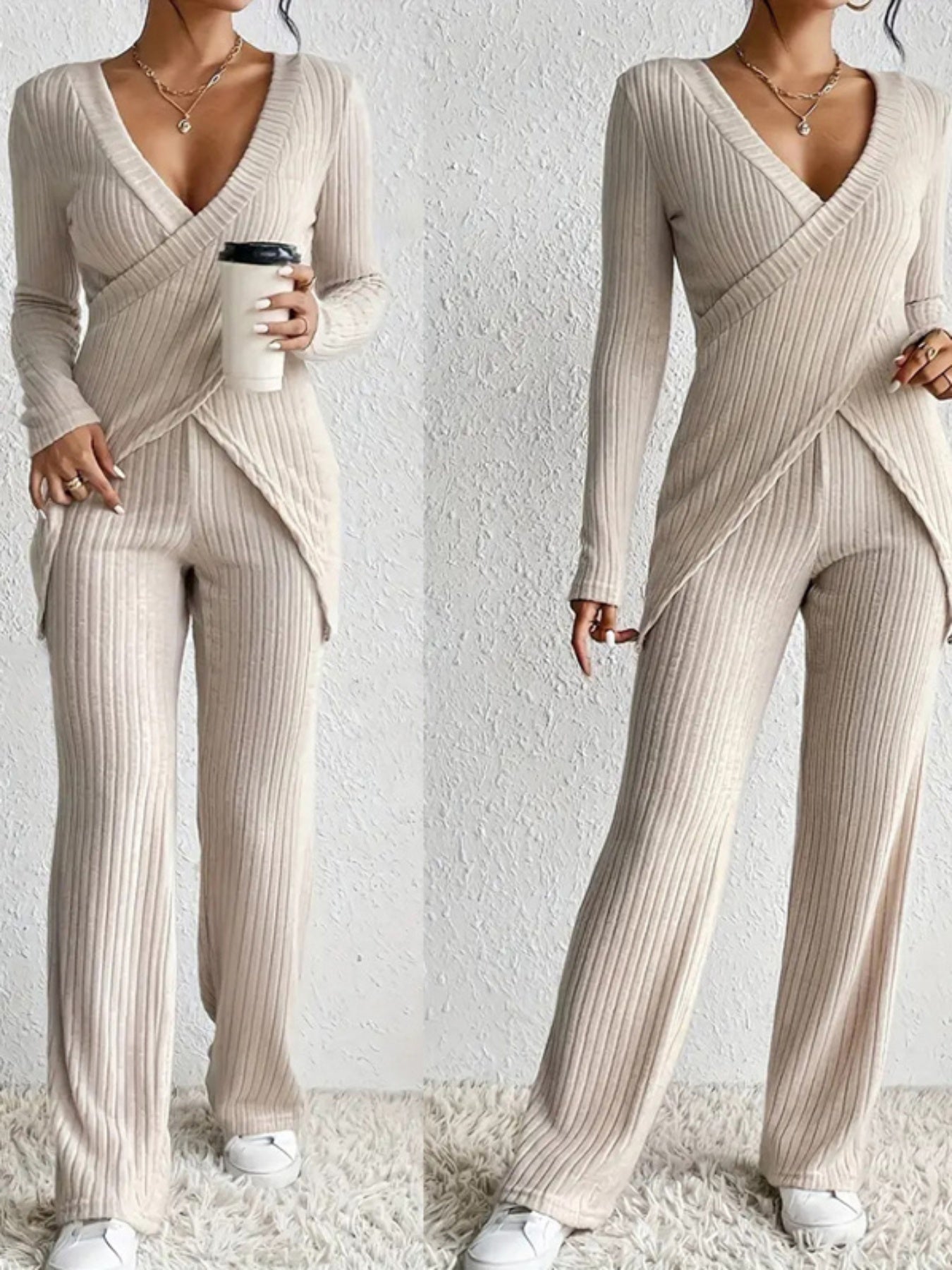 Women's Ribbed Fall Set Solid Color V-Neck Long Sleeve Slim Fit Cross Front Tops Long Pants 2pcs Outfits