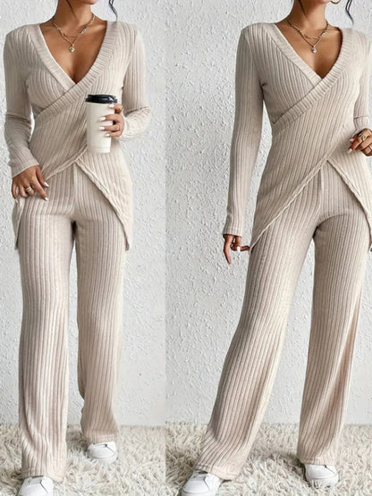 Women's Ribbed Fall Set Solid Color V-Neck Long Sleeve Slim Fit Cross Front Tops Long Pants 2pcs Outfits