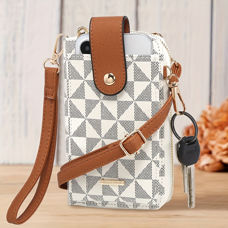 RAGSTO Women's Compact Crossbody Phone Wallet - Chic Mini Shoulder Bag with Adjustable Strap, Multiple Credit Card Slots & Zipper Closure, Black & Brown Geometric Pattern, Perfect Valentine's Day Gift for Her, Casual Crossbod