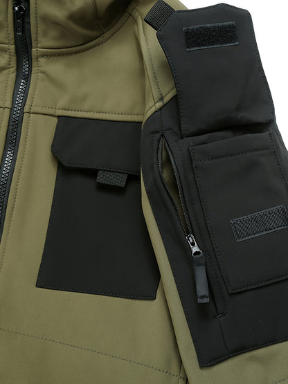Men's Outdoor Zip Up Softshell Jacket With Pockets, Waterproof, Scratch Resistant And Warm Hooded Jacket For Outdoors