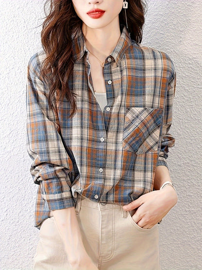 Plaid Pattern Button Front Shirt, Elegant Long Sleeve Lapel Collar Shirt, Women's Clothing