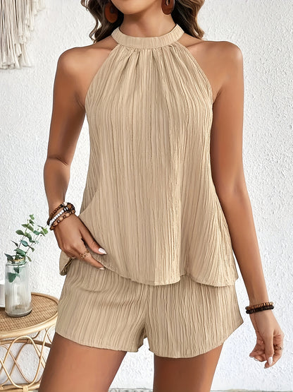 1 Set Of Two Pieces Outfit, Textured Fabric, Solid Color, Button- Back, Halterneck Top And Shorts, Perfect for Dating