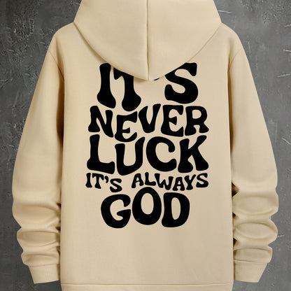 Stylish Faith-Inspired Hoodie - Soft Polyester Knit Fabric, Geometric Lettering Pattern, Casual Fit with Slight Stretch, "It's Never Luck, It's Always God" Inspirational Print, Regular Fit, Unisex Design