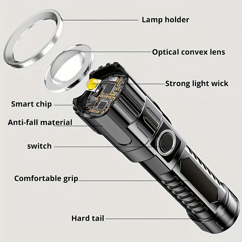 2pcs LED Ultra-bright Flashlights, Rechargeable High Lumens, 3 Modes, Zoom, Portable Camping Flashlights, For Outdoor Hiking, Home Emergency, Built-in Lithium Battery