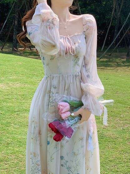 Elegant Floral Chiffon Midi Dress with Bell Sleeves - Square Neck, Long Sleeve, Lightweight, All-Season Wear for Women, Long Sleeve Dress