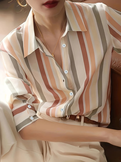 Long Sleeve Color Block Button Front Shirt - Stylish Casual Wear for Spring & Fall Seasons - Womens Fashion Clothing with Comfortable Fit