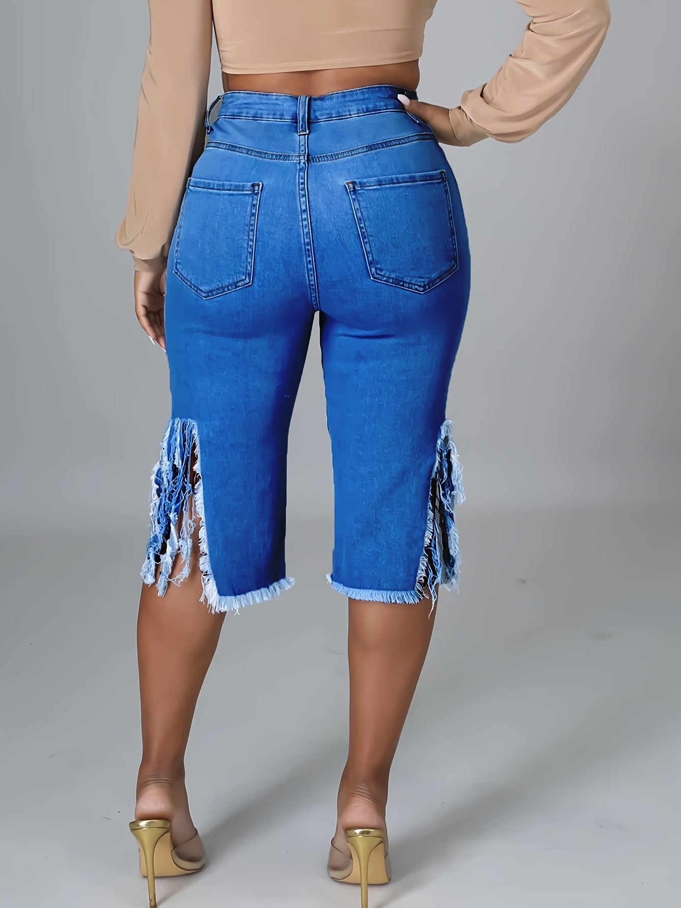 Trendy Distressed Denim Shorts with Fringe Hem for Women