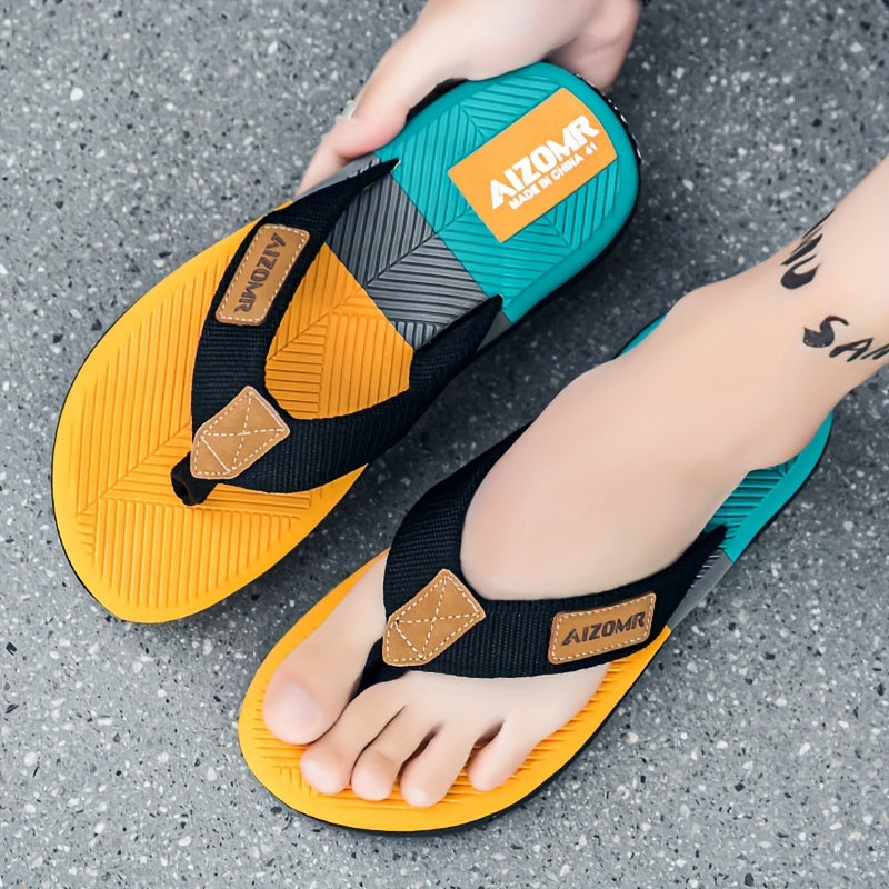 Men's Summer Flip-Flops - Non-Slip, Odor-Resistant Beach Sandals with Arch Support, Green & Yellow Striped Design, Comfortable EVA Upper & Rubber Sole for Everyday and Casual Wear, Leisure Comfort | Casual Style | Durable San