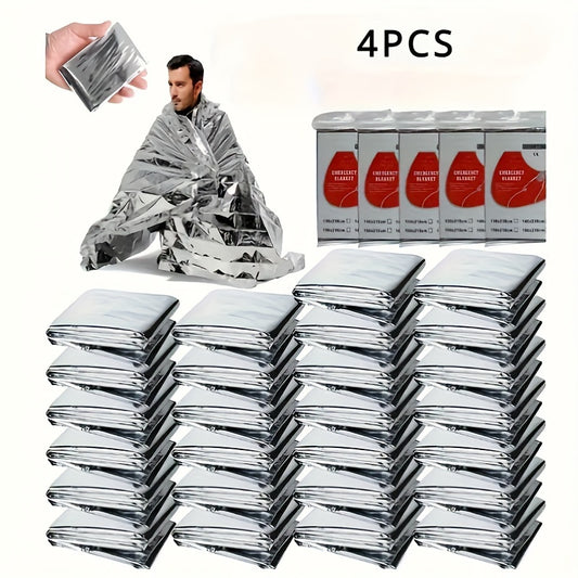 4-Pack Emergency Mylar Thermal Blankets - Durable PET Material, Heat Retention, Survival Space Blankets for Outdoor Adventures, Natural Disasters, First Aid Rescue, Waterproof, Reflective Safety Gear