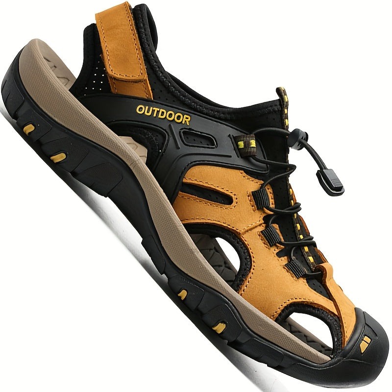 Men'S Premium Leather Sandals - Closed Toe Fisherman Style, Black/Brown/Gray, Summer Flip Flops & Hiking Shoes with Elastic Strap, Rubber Sole, and Comfortable Fabric Lining for Casual Outdoor Wear